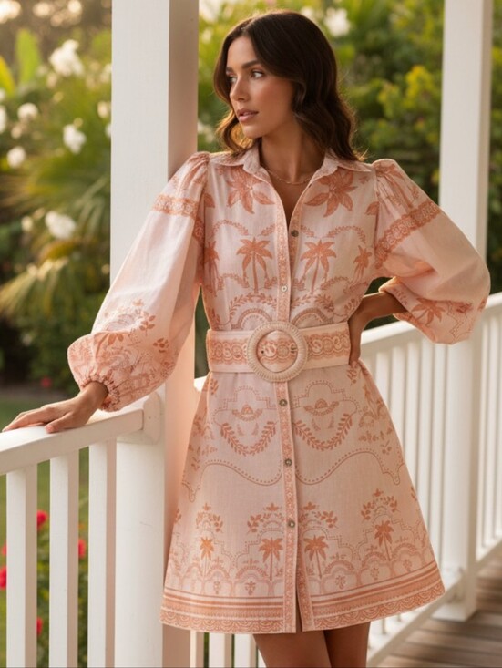 Dresses & Skirts - Palm Beach Belted Waist Button Down Baloon Long Sleeve Boho Mini Shirt Dress